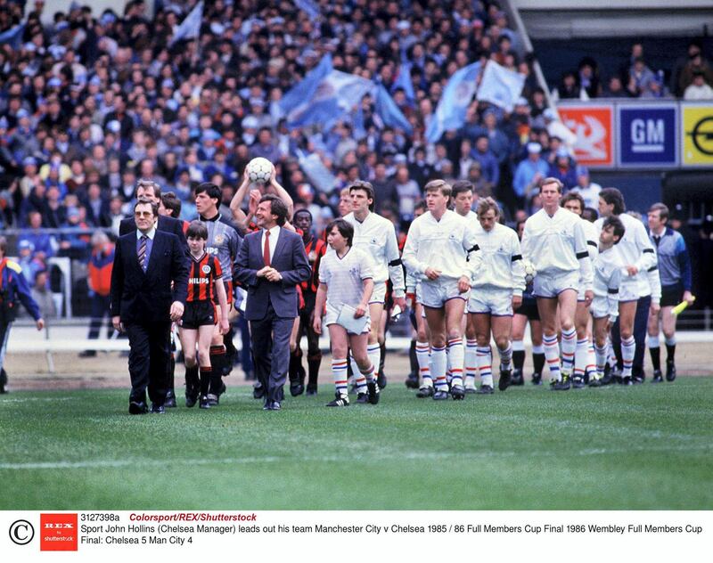 Mandatory Credit: Photo by Colorsport/REX/Shutterstock (3127398a)
John Hollins (Chelsea Manager) leads out his team Manchester City v Chelsea 1985 / 86 Full Members Cup Final 1986 Wembley Full Members Cup Final: Chelsea 5 Man City 4
Sport