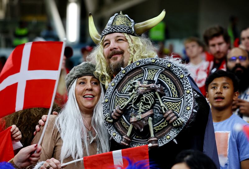Denmark fans dressed as Vikings inside the stadium. Reuters