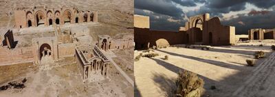 Left, the current state of Hatra; right its rendering in virtual reality before its destruction. Photo: Qaf Labs