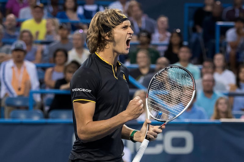 epa06127538 Alexander Zverev of Germany reacts after defeating Kei Nishikori of Japan in their men's singles semifinal match of the 2017 Citi Open tennis tournament at Rock Creek Park Tennis Center in Washington, DC, USA, 05 August 2017.  EPA/MICHAEL REYNOLDS