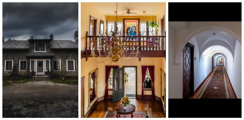 From left: Sweden's Borgvattnet Vicarage, the house from the film 'Scream', and Parador de Jaen in Spain all offer the spookiest of stays this Halloween. Photo: Borgvattnet Vicarage, Airbnb, Parador de Jaen