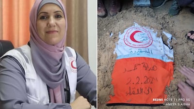 Hedaya Hamad was shot and killed on February 2 by Israeli snipers while trying to rescue civilians. Her vest was placed over her grave in Al Amal hospital’s grounds. Photo: Palestinian Red Crescent
