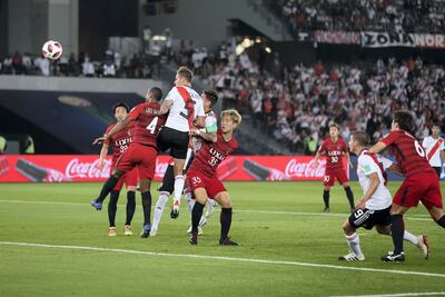 Abu Dhabi, United Arab Emirates - December 22, 2018: River Plate's Bruno Zuculini scores during the match between River Plate and Kashima Antlers at the Fifa Club World Cup 3rd/4th place playoff. Saturday the 22nd of December 2018 at the Zayed Sports City Stadium, Abu Dhabi. Chris Whiteoak / The National