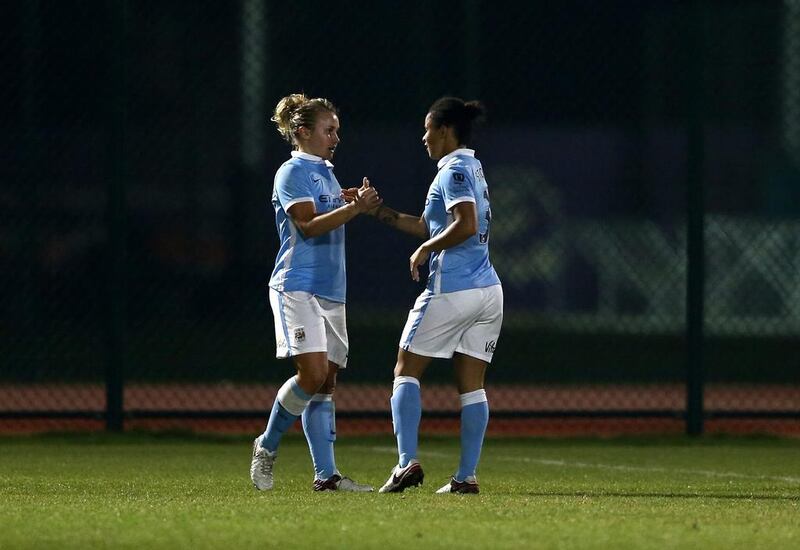 Isobel Christiansen of Manchester City Women’s FC is congratulated after scoring the second goal during the Fatima Bint Mubarak Ladies Sports Academy Challenge between Melbourne City Women and Manchester City Women at New York University Abu Dhabi Campus on February 17, 2016 in Abu Dhabi, United Arab Emirates. Warren Little/Getty Images