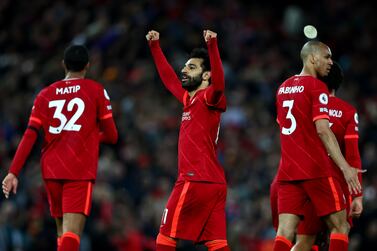 LIVERPOOL, ENGLAND - APRIL 19: Mohamed Salah of Liverpool celebrates scoring their side's fourth goal during the Premier League match between Liverpool and Manchester United at Anfield on April 19, 2022 in Liverpool, England. (Photo by Clive Brunskill / Getty Images)