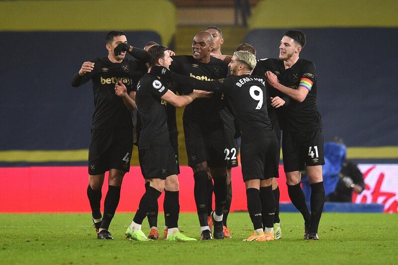 Angelo Ogbonna of West Ham United celebrates with team mates (l - r) Aaron Cresswell, Said Benrahma and Declan Rice after scoring the second. Getty