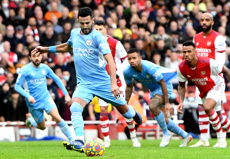 Riyad Mahrez of Manchester City scores the equaliser. EPA