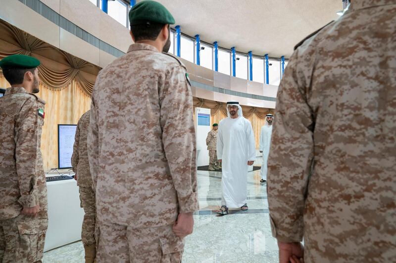 ABU DHABI, UNITED ARAB EMIRATES - April 28, 2019: HH Sheikh Mohamed bin Zayed Al Nahyan, Crown Prince of Abu Dhabi and Deputy Supreme Commander of the UAE Armed Forces (back C), attends e-skills exhibition for national service recruits, at Armed Forces Officers Club.
( Mohamed Al Hammadi / Ministry of Presidential Affairs )
---