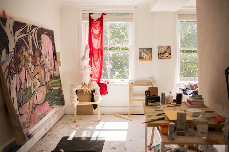 Maitha Abdalla's studio, during her three-month An Effort residency, supported by Abu Dhabi Arts & Music Foundation, in Soho Square, London.