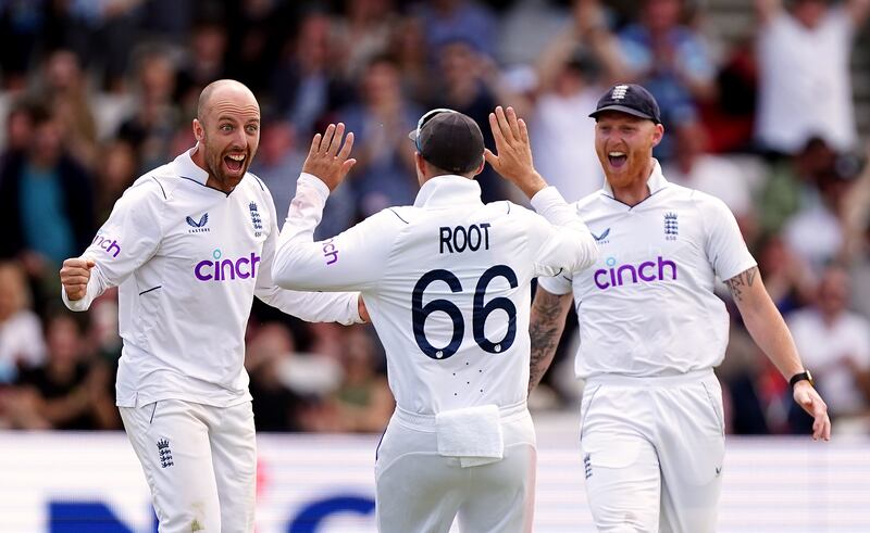 England's Jack Leach celebrates taking the wicket of New Zealand's Michael Bracewell. Leach finished with match figures of 10-166. PA