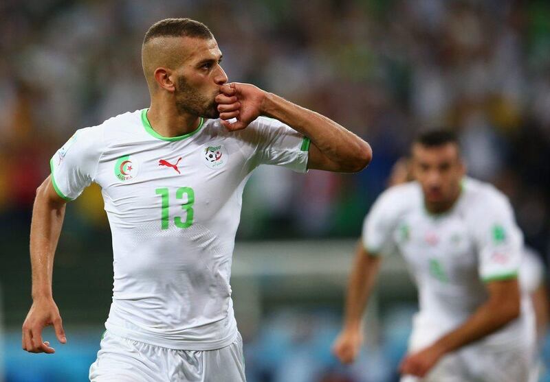 Islam Slimani of Algeria celebrates scoring the equaliser against Russia on Thursday night at the 2014 World Cup in Curitiba, Brazil. Julian Finney / Getty Images