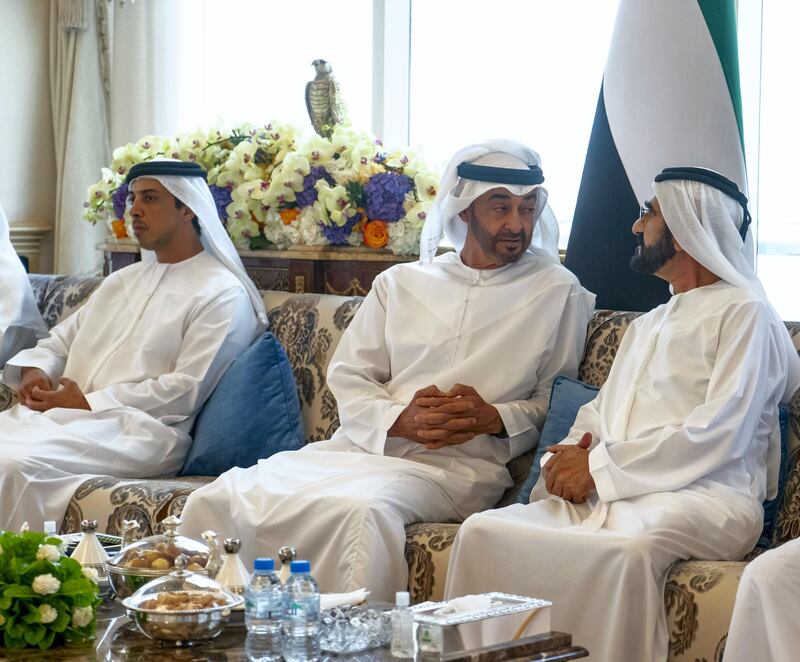 ABU DHABI, UNITED ARAB EMIRATES - September 02, 2019: HH Sheikh Mohamed bin Zayed Al Nahyan, Crown Prince of Abu Dhabi and Deputy Supreme Commander of the UAE Armed Forces (2nd R) receives HH Sheikh Mohamed bin Rashid Al Maktoum, Vice-President, Prime Minister of the UAE, Ruler of Dubai and Minister of Defence (R), during a Sea Palace barza. Seen with HH Sheikh Mansour bin Zayed Al Nahyan, UAE Deputy Prime Minister and Minister of Presidential Affairs (L).

( Rashed Al Mansoori / Ministry of Presidential Affairs )
---