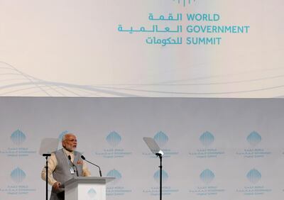 India's Prime Minister Narendra Modi delivers a speech during the opening of the World Government Summit in Dubai on February 11, 2018. / AFP PHOTO / KARIM SAHIB