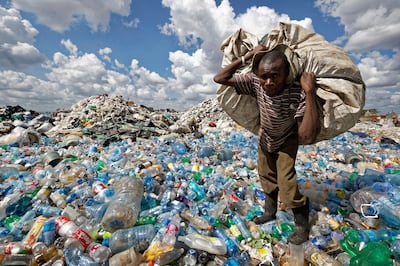 A mountain of plastic destined for recycling at the dump in the Dandora slum in Nairobi, Kenya. AP 