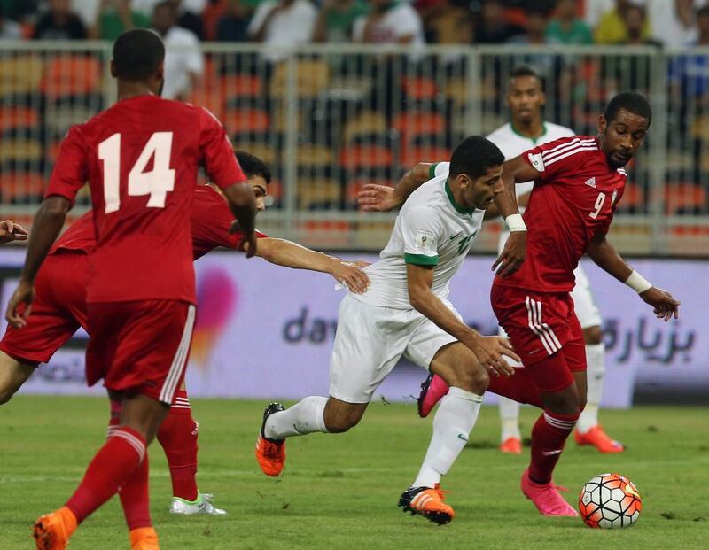 Ahmed Khalil, right, gave the UAE the lead with a stunning free-kick only for Saudi Arabia to fight back. Fayez Nureldine / AFP 

