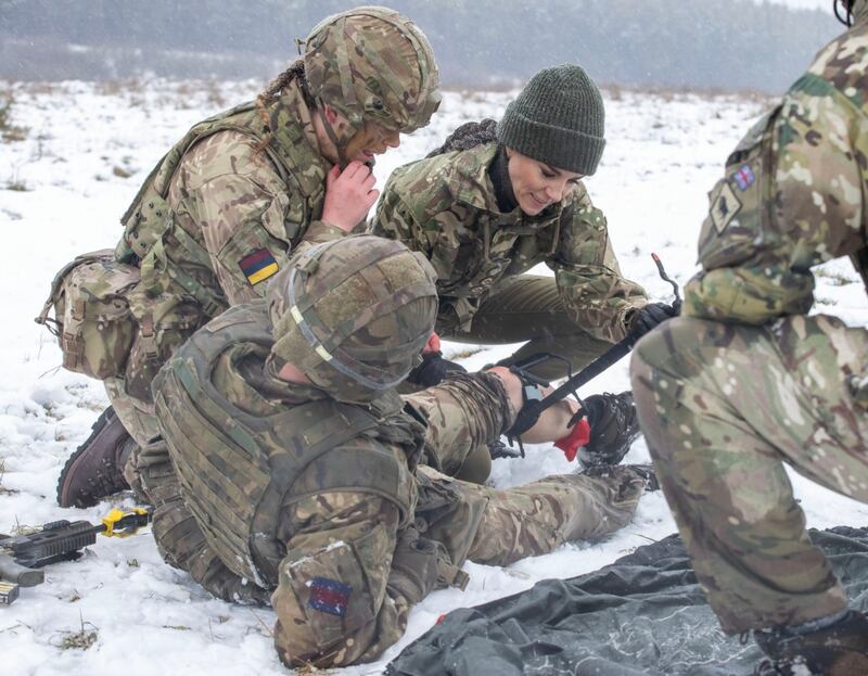 Catherine, Princess of Wales, assists in a military exercise on a royal visit to the Irish Guards on Salisbury Plain. Getty Images