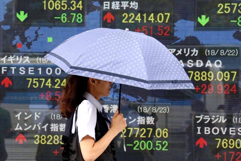 A woman walks by an electronic stock board of a securities firm in Tokyo, Thursday, Aug. 23, 2018. Asian stock markets were mixed Thursday after U.S. and Chinese officials held talks on their deepening trade dispute ahead of a new round of tariff hikes. (AP Photo/Koji Sasahara)