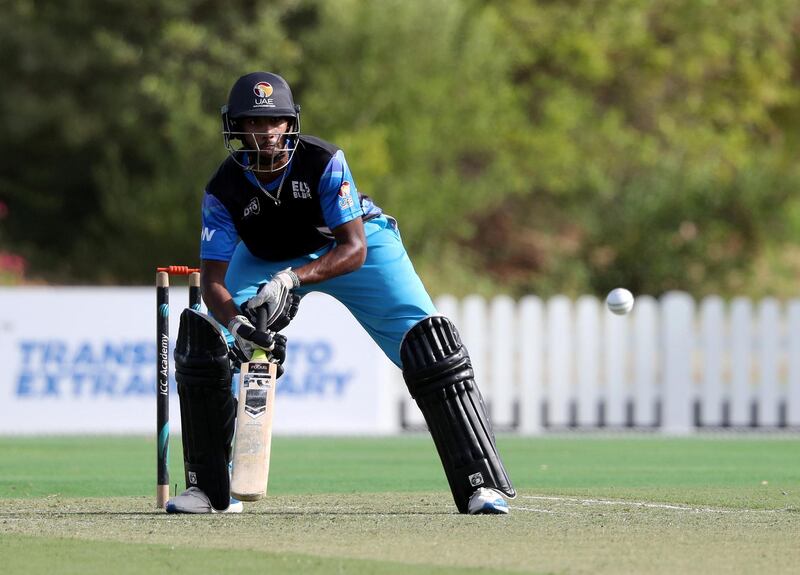 Dubai, United Arab Emirates - Reporter: N/A. Sport. Cricket. ECB Blues' Vriitya Aravind plays a ramp during the match between the ECB Blues and Dubai in the Emirates D10. Friday, July 24th, 2020. Dubai. Chris Whiteoak / The National