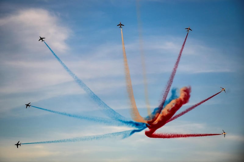 French elite acrobatic flying team "Patrouille de France" performs during the 8th Athens Flying Week aviation event over Tanagra air base in Greece. AFP