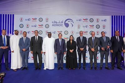 Attendees at the launch at the Adnoc service station in Degla Maadi included (fourth from left) Alaa El Batal, president of the Egyptian General Petroleum Corporation, (fifth from left) Bader Al Lamki, chief executive of Adnoc Distribution, (sixth from left) Tarek El Molla, Egypt’s Minister of Petroleum and Mineral Resources, and (seventh from left) Maryam Al Kaabi, UAE ambassador to Egypt. Photo: Adnoc