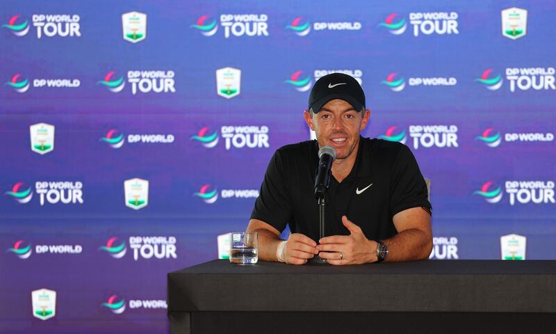 Rory McIlroy of Northern Ireland speaks at a press conference after the Pro-Am prior to the DP World Tour Championship. Getty Images