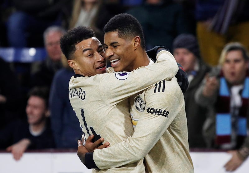 Manchester United's Marcus Rashford celebrates scoring their second goal with Jesse Lingard against Burnley at Turf Moor on December 28, 2019. Reuters