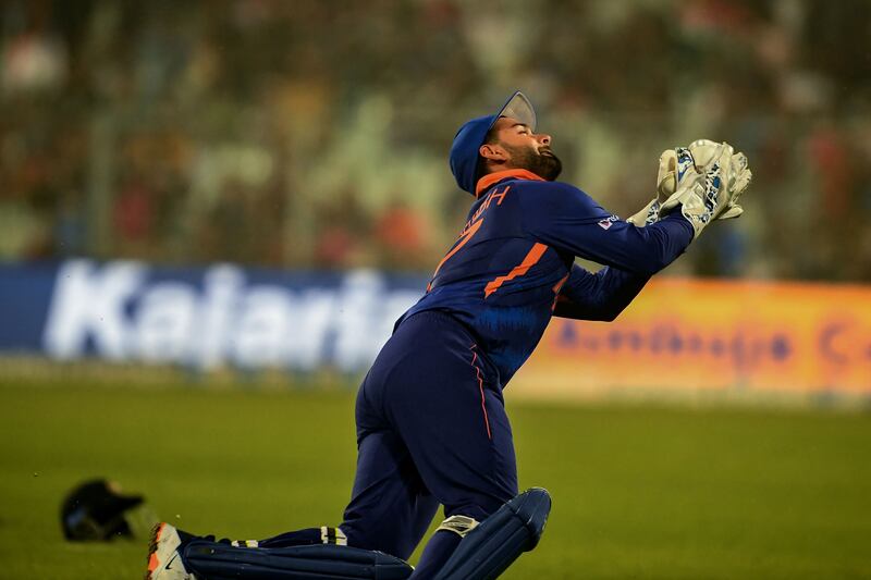 India's Rishabh Pant successfully takes a catch against New Zealand at the Eden Gardens in Kolkata. AFP