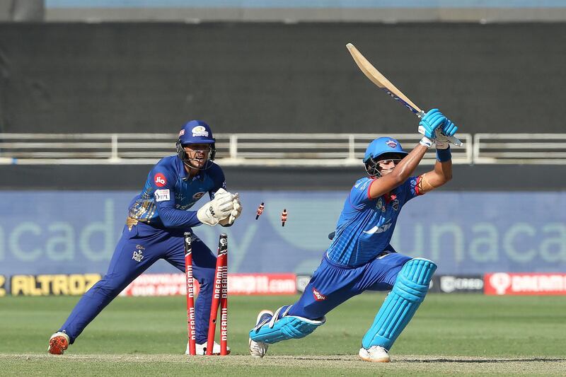 Quinton de Kock of Mumbai Indians attempts to stump Shreyas Iyer captain of Delhi Capitals during match 51 of season 13 of the Dream 11 Indian Premier League (IPL) between the Delhi Capitals and the Mumbai Indians held at the Dubai International Cricket Stadium, Dubai in the United Arab Emirates on the 31st October 2020.  Photo by: Ron Gaunt  / Sportzpics for BCCI