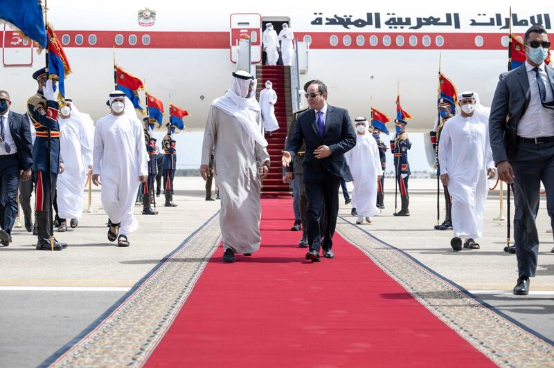 Sheikh Mohamed bin Zayed, Crown Prince of Abu Dhabi and Deputy Supreme Commander of the Armed Forces, arrives in Egypt to meet Mr El Sisi. Wam