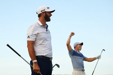 Rory McIlroy and Dustin Johnson of the American Nurses Foundation team on the 17th tee after winning the closest to the pin playoff against Rickie Fowler and Matthew Wolff of the CDC Foundation team during the TaylorMade Driving Relieve Supported By UnitedHealth Group in Juno Beach, Florida. AFP