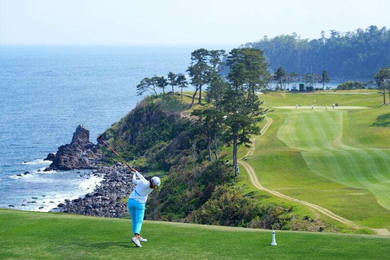 Japan's Mone Inami hits her tee-shot on the 16th hole during the final round of the Fuji Sankei Ladies Classic at the Kawana Hotel Golf Course in Ito, Shizuoka, Japan, on Sunday, April 25. Getty