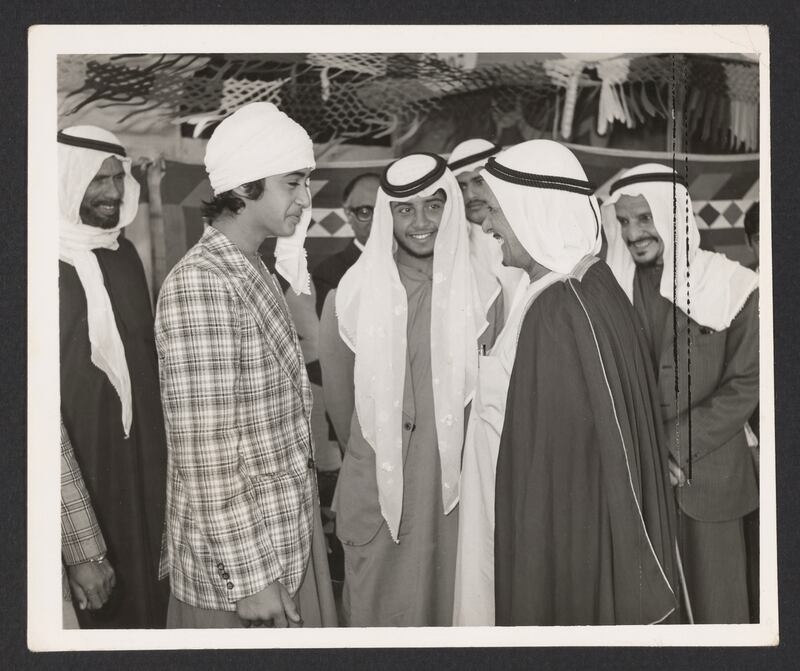Centre left to right: Sheikh Mohamed bin Zayed, Sheikh Sultan bin Zayed, Thani bin Abdullah Al Romaithi (first speaker of the Federal National Council) and Abdulla bin Ahmed Al Otaiba. Photo: Akkasah, al Mawrid