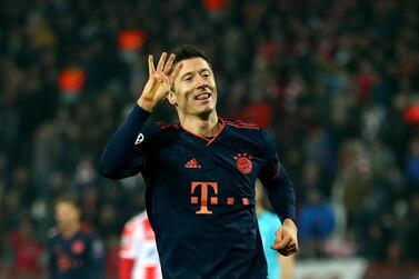 BELGRADE, SERBIA - NOVEMBER 26: Robert Lewandowski of Bayern Muenchen celebrates after scoring his fourth and his teams fives goal during the UEFA Champions League group B match between Crvena Zvezda and Bayern Muenchen at Rajko Mitic Stadium on November 26, 2019 in Belgrade, Serbia. (Photo by Lars Baron/Bongarts/Getty Images)