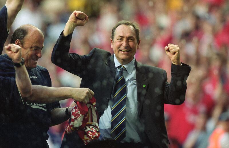 12 May 2001:  Liverpool manager Gerard Houllier celebrates an amazing victory after the AXA sponsored FA Cup Final against Arsenal played at the Millennium Stadium, in Cardiff, Wales. Liverpool won the match and cup 2-1. \ Mandatory Credit: Ben Radford /Allsport