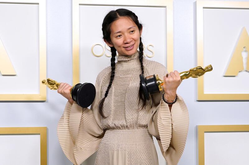 Director/Producer Chloe Zhao, winner of the award for best picture for "Nomadland," poses in the press room at the Oscars, in Los Angeles, California, U.S., April 25, 2021. Chris Pizzello/Pool via REUTERS