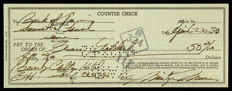 The check Marilyn Monroe wrote her mother, Grace Goddard for US$50 in 1952. Courtesy Julien's Auctions