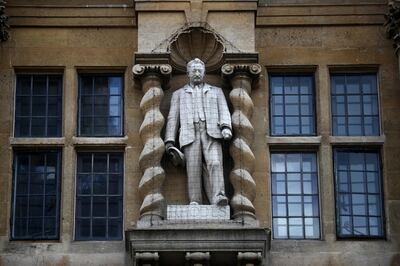 A statue of British colonialist Cecil Rhodes is seen on the side of Oriel College in Oxford, following the death of George Floyd who died in police custody in Minneapolis, Oxford, Britain, June 9, 2020. REUTERS/Hannah McKay