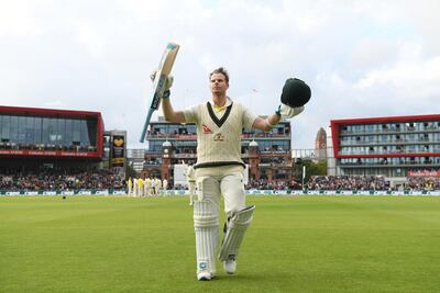 MANCHESTER, ENGLAND - SEPTEMBER 05: Australia batsman Steve Smith acknowledges the applause whilst leaving the field after being dismissed for 211 runs during day two of the 4th Ashes Test Match between England and Australia at Old Trafford on September 05, 2019 in Manchester, England. (Photo by Stu Forster/Getty Images)
