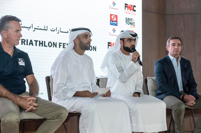 From left: Warren van der Merwe, manager of Super Sports events, Abdulla Alblooshi, board member UAE Triathlon Federation, Mohamed Alkamali, Endurance Sports, and Nicolas Girot, Grit and Tonic. Antonie Robertson / The National