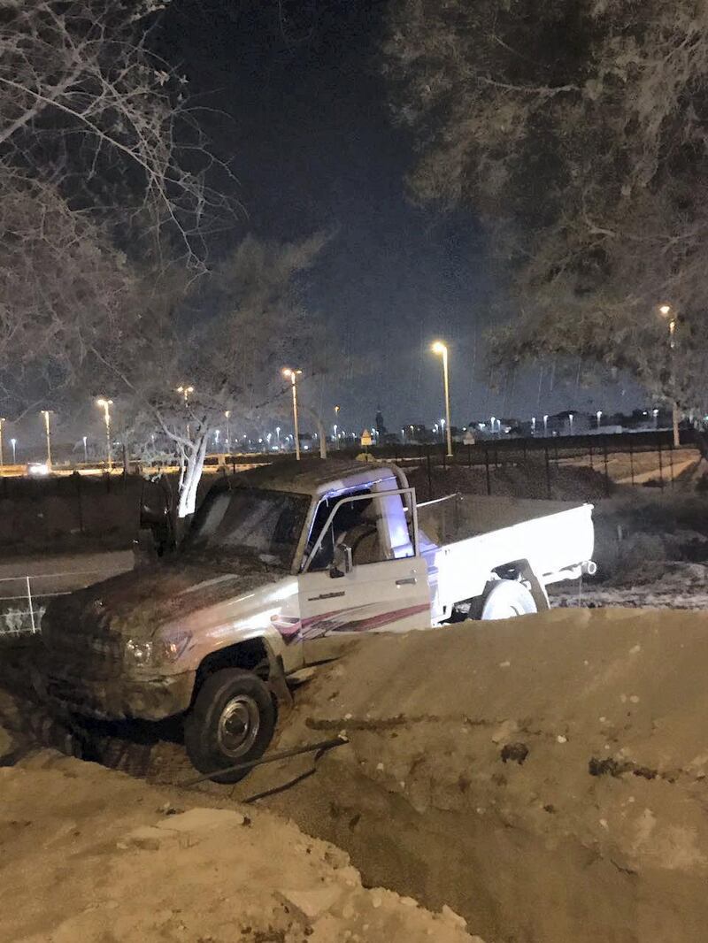 A young driver and two passengers were arrested for removing the plates from their vehicle and driving recklessly. The incident took place in the Baniyas area. They were caught when they crashed the pick-up truck into a ditch. Courtesy Abu Dhabi Police