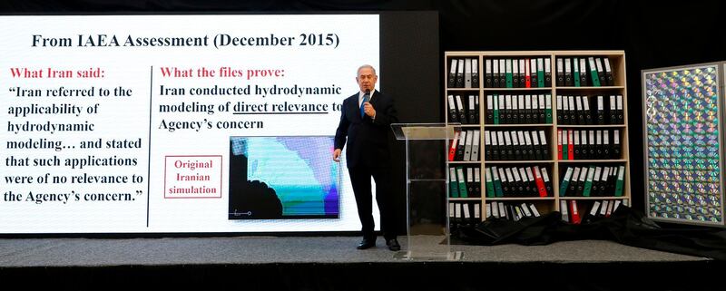 Israeli Prime Minister Benjamin Netanyahu delivers a speech on Iran's nuclear programme at the defence ministry in Tel Aviv on April 30, 2018. Jack Guez / AFP