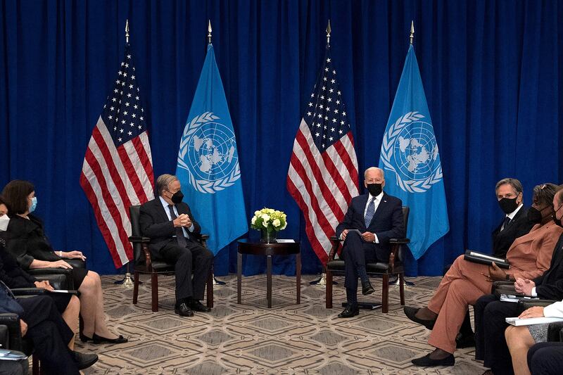 US President Joe Biden and UN Secretary General Antonio Guterres meet at the UN General Assembly. AFP