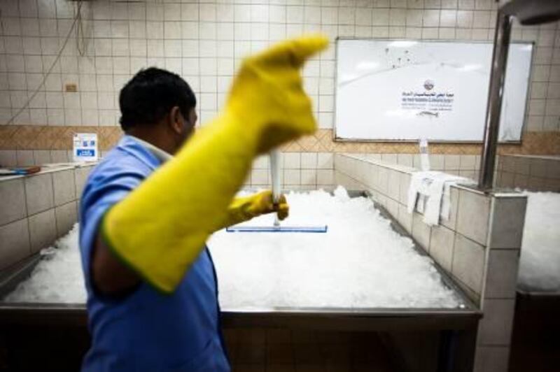 January 11, 2011, Abu Dhabi:

The FNC has started a plethora of projects to avoid severe price hikes on food in the UAE. Among these projects is a reserve of food that is currently being built up. 

Ali, an employee  of the fish market cleans the ice tray's which fish are placed inside of. 
Lee Hoagland/ The National
