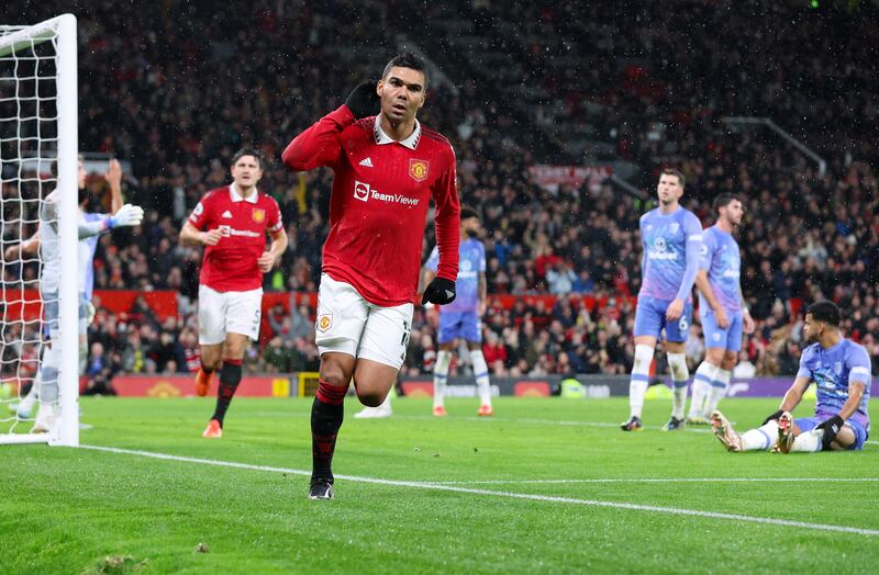 Casemiro celebrates after scoring for Manchester United. Getty