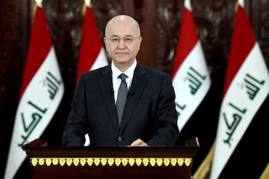 Iraq's President Barham Salih pictured in Baghdad on October 31, 2019. Handout via Reuters