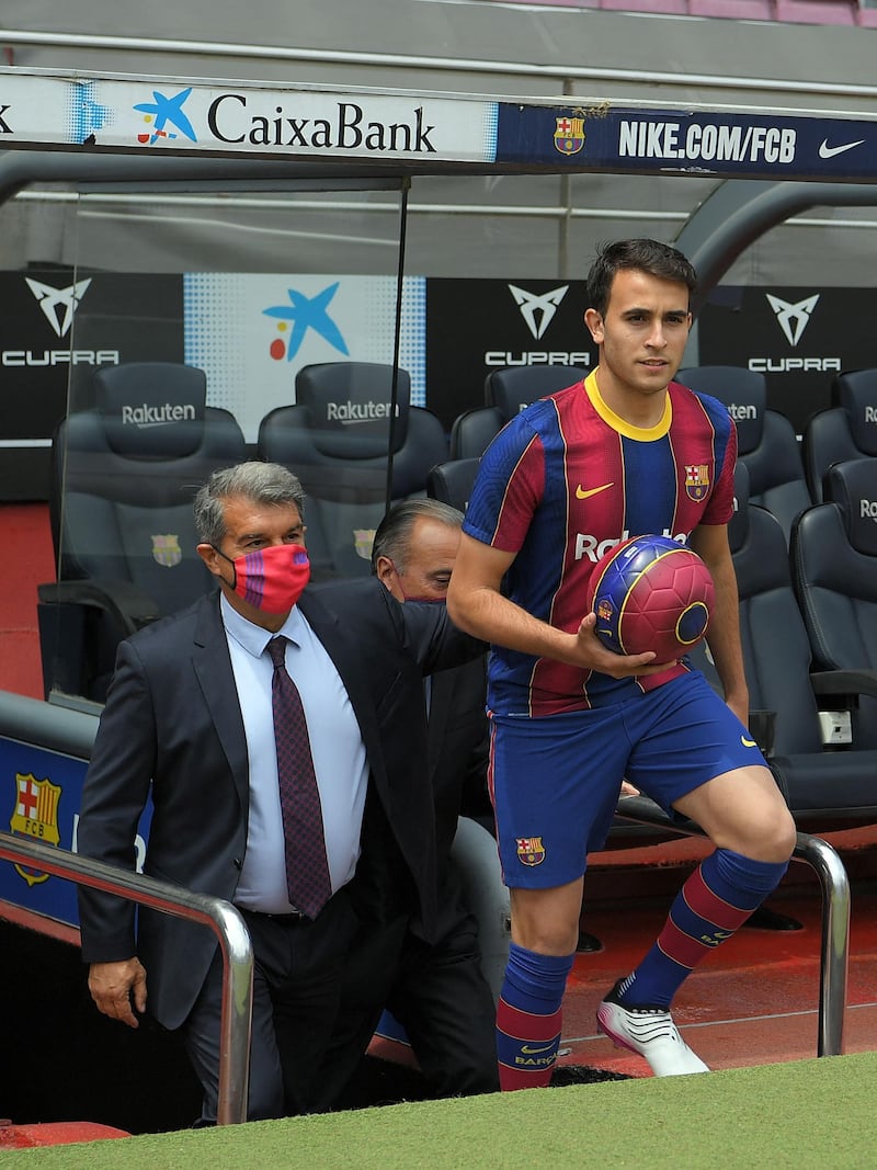 Eric Garcia with Barcelona president Joan Laporta during his official presentation at Camp Nou. AFP