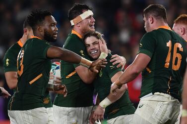 South Africa players celebrate after their 19-16 Rugby World Cup semi-final win over Wales. AFP