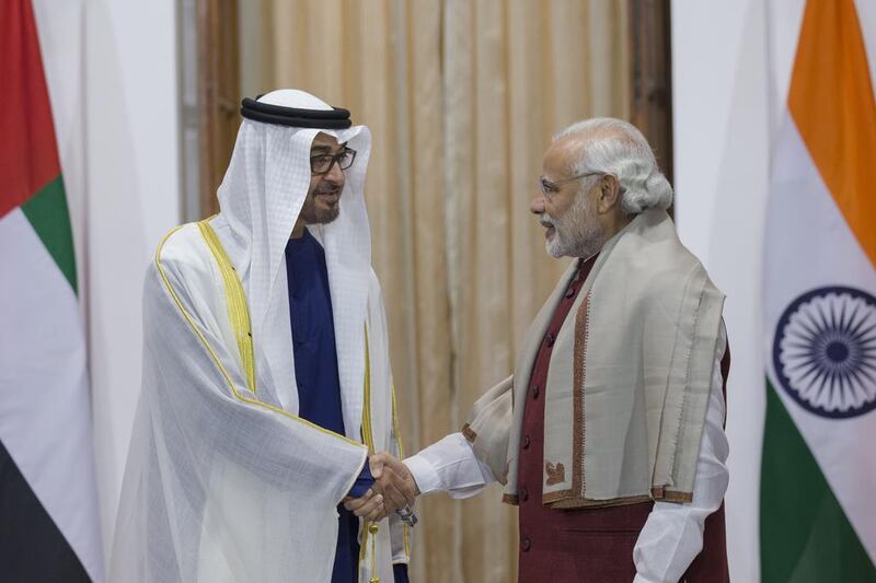 Sheikh Mohammed bin Zayed, Crown Prince of Abu Dhabi and Deputy Supreme Commander of the UAE Armed Forces, stands for a photograph with Indian prime minister Narendra Modi in New Delhi on February 11, 2016. Philip Cheung/Crown Prince Court-Abu Dhabi

---