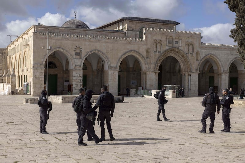 Israeli police outside Al Aqsa Mosque on April 20.  AFP