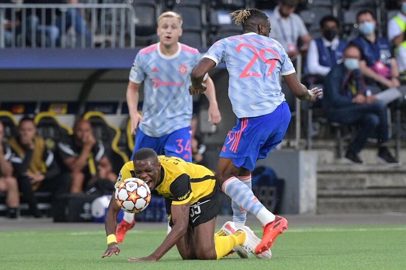 Young Boys midfielder Christopher Martins reacts after a challenge by Aaron Wan-Bissaka that saw the United player sent-off. AFP